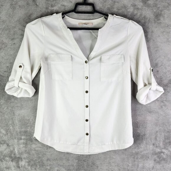 Womens White 41 Hawthorn Button-Up Blouse Polyester Roll-Up Sleeves Size S - Picture 2 of 11